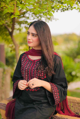 Black maroon embroided 3pc dress