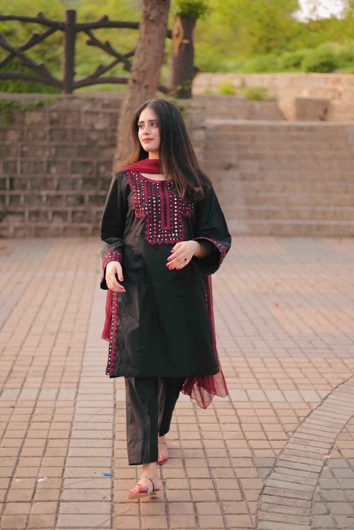 Black maroon embroided 3pc dress