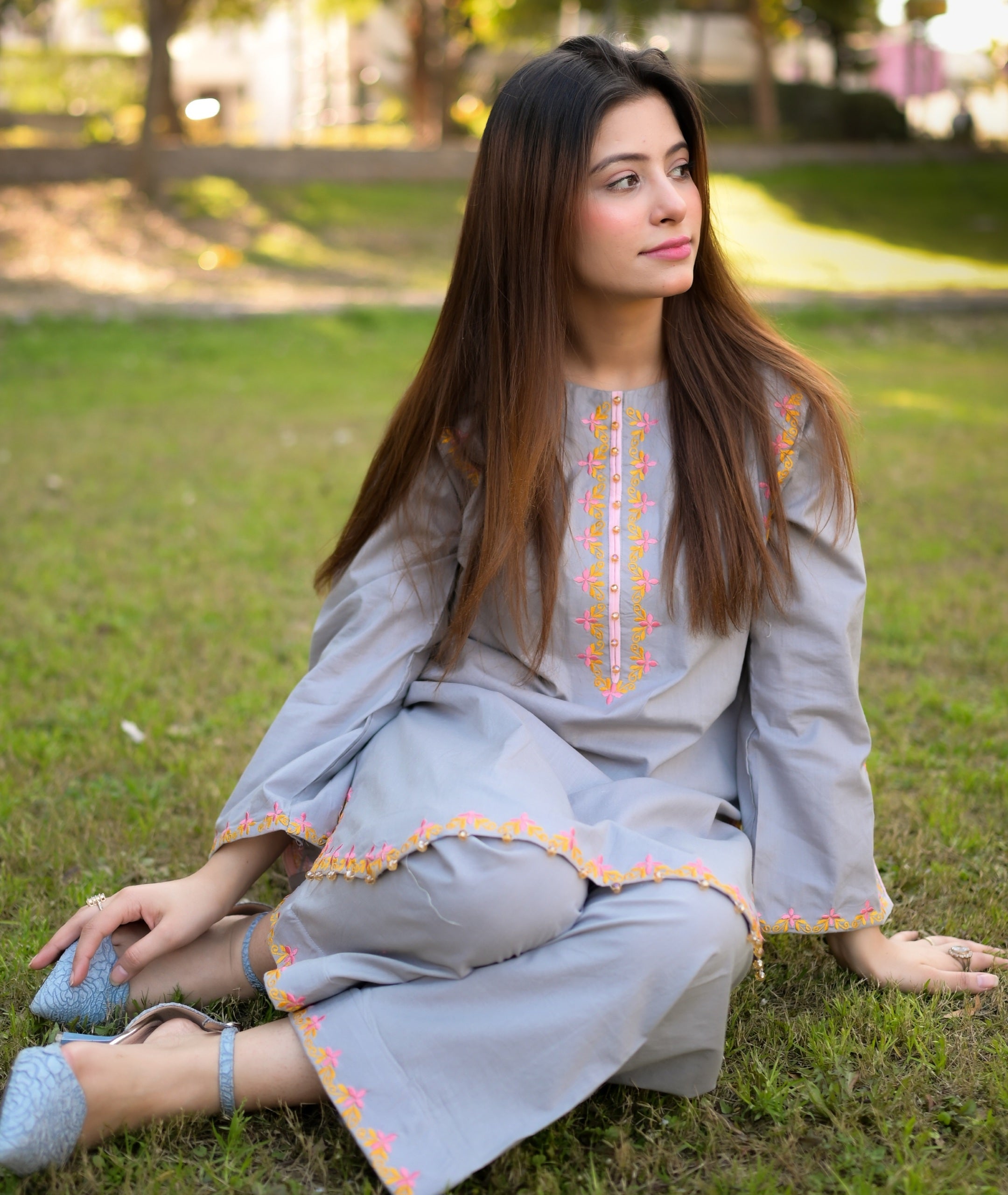 Grey Embroidered Two-Piece Dress