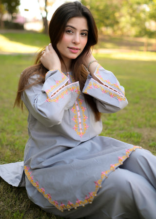 Grey Embroidered Two-Piece Dress