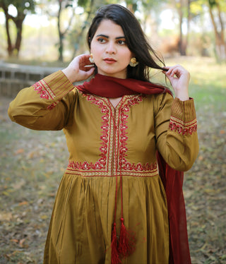 Maroon Embroidered 3pc Frock