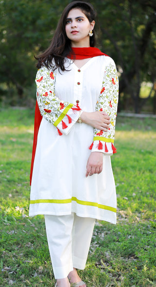 Off White Embroidered Frock 3pc