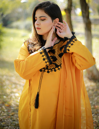 Mustard, Black Embroidery 3pc Dress