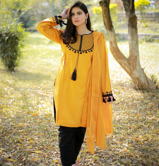 Mustard, Black Embroidery 3pc Dress