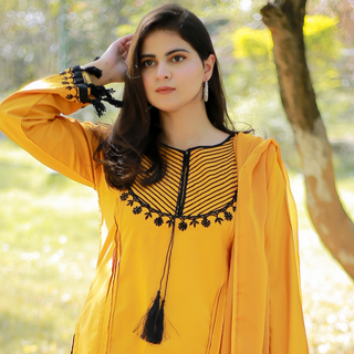 Mustard, Black Embroidery 3pc Dress