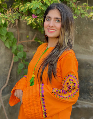 Orange Embroidered Stitched Shirt