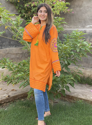 Orange Embroidered Stitched Shirt