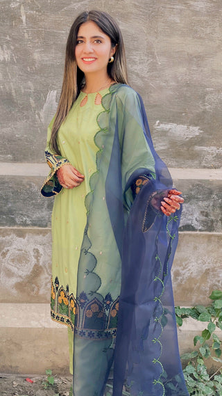 Lemon Green Embroidered 3pc Dress