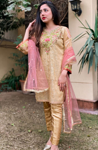 Golden Embroidered Stitched Formal Wear