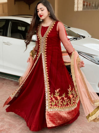 Maroon Long Frock Stitched