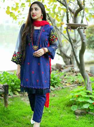 Blue Embroidered Semi-Formal 3pc