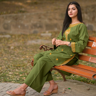 Leaf Green 2pc Stitched Embroidered Dress