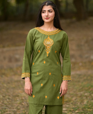 Leaf Green 2pc Stitched Embroidered Dress