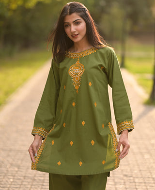 Leaf Green 2pc Stitched Embroidered Dress