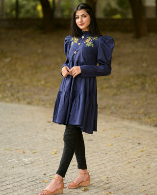 Navy-Blue Flared Embroidered Frock