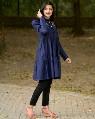 Navy-Blue Flared Embroidered Frock