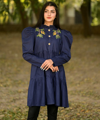 Navy-Blue Flared Embroidered Frock