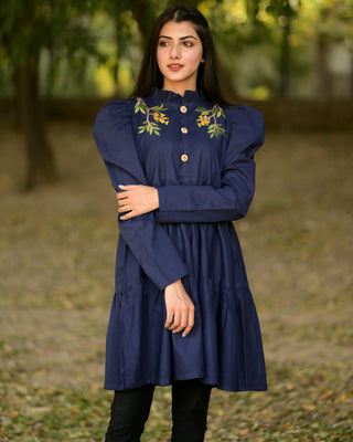 Navy-Blue Flared Embroidered Frock