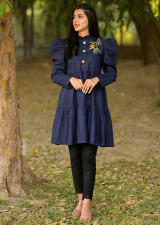 Navy-Blue Flared Embroidered Frock