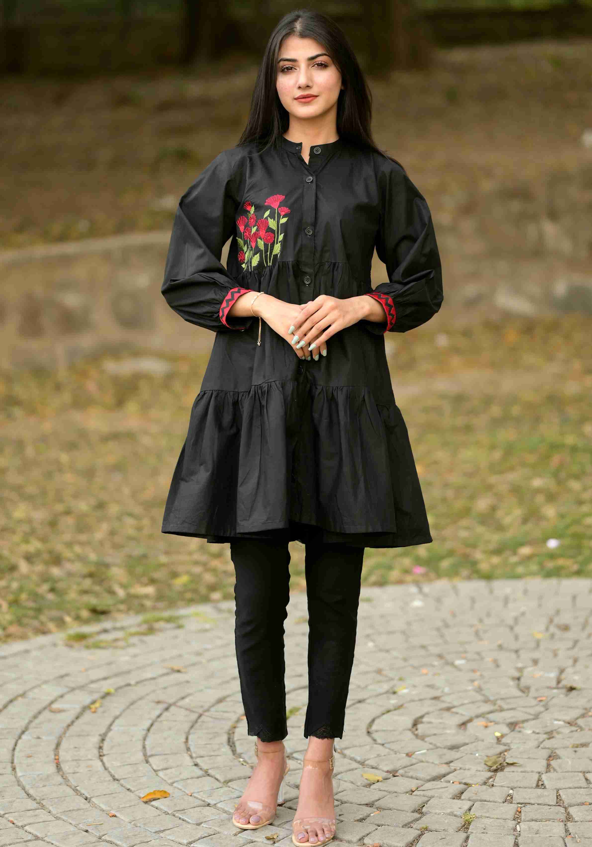 Black Embroidered Flowy Frock