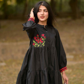 Black Embroidered Flowy Frock