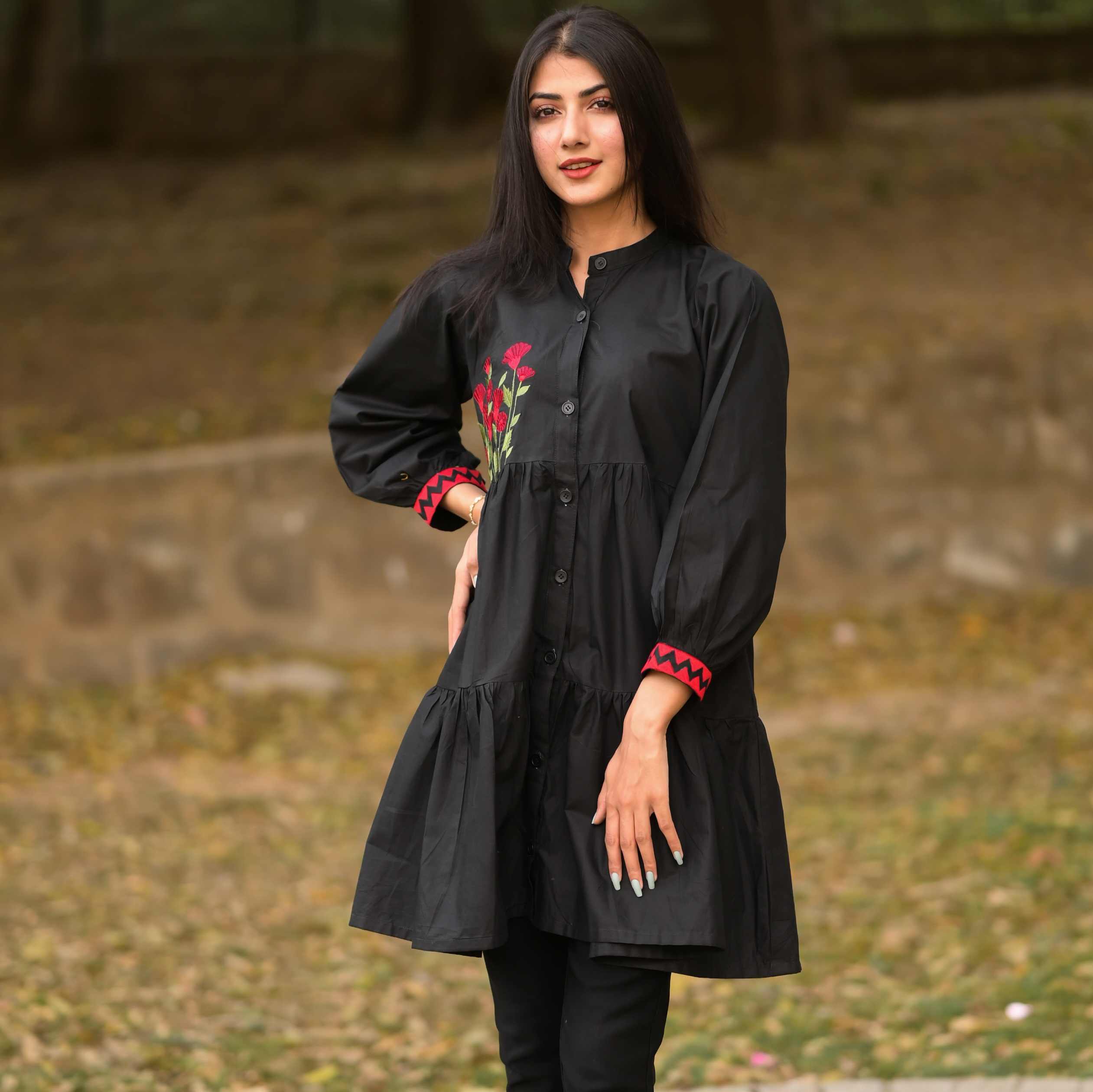 Black Embroidered Flowy Frock