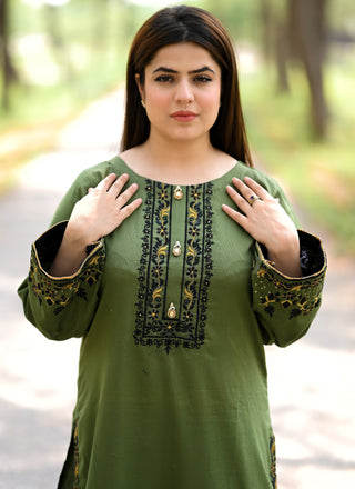 semi formal dress, leaf green, black embroidery 