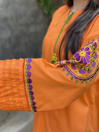 Orange Embroidered Stitched Shirt