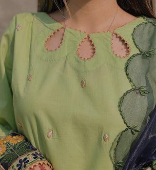 Lemon Green Embroidered 3pc Dress