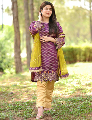 Purple Jamawar Embroidered Dress