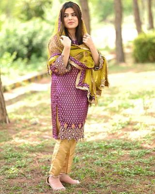 Purple Jamawar Embroidered Dress