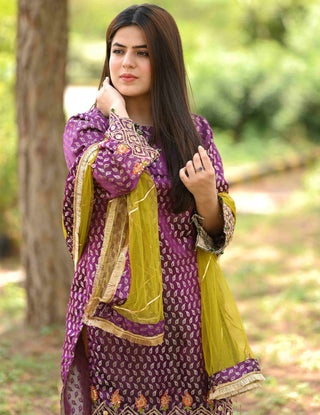 Purple Jamawar Embroidered Dress