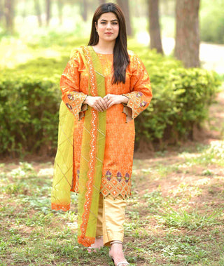 Orange Jamawar Embroidered Dress