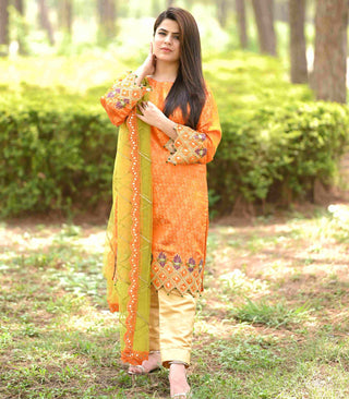 Orange Jamawar Embroidered Dress