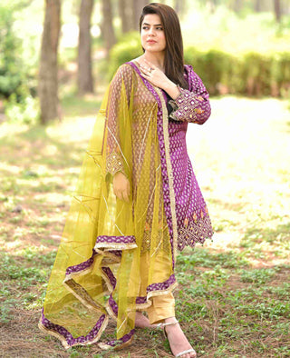 Purple Jamawar Embroidered Dress