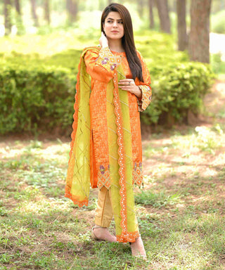 Orange Jamawar Embroidered Dress