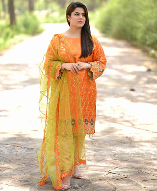 Orange Jamawar Embroidered Dress