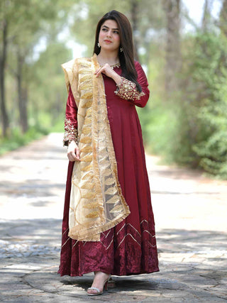 Maroon Silk Embroidered Maxi