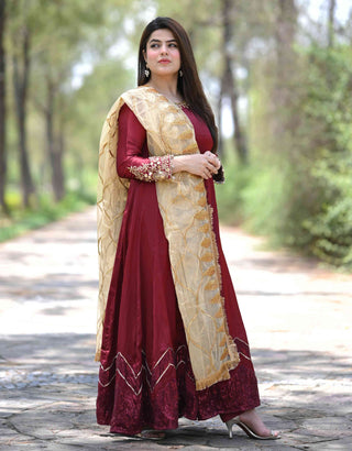 Maroon Silk Embroidered Maxi