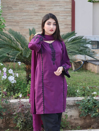 Purple embroidered 3pc Cotton