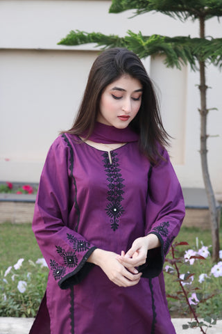 Purple embroidered 3pc Cotton