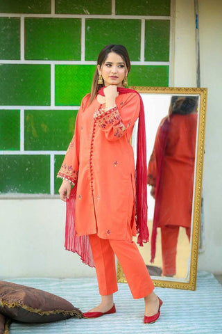 Orange With Maroon Embroidery 3pc