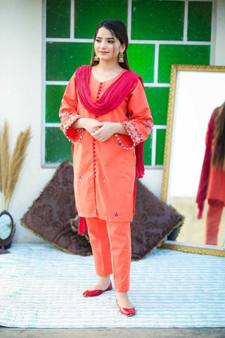 Orange With Maroon Embroidery 3pc