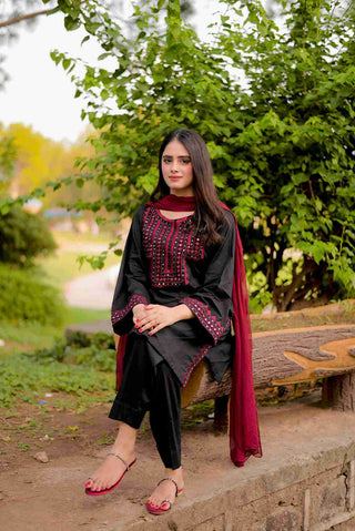 Black maroon embroided 3pc dress