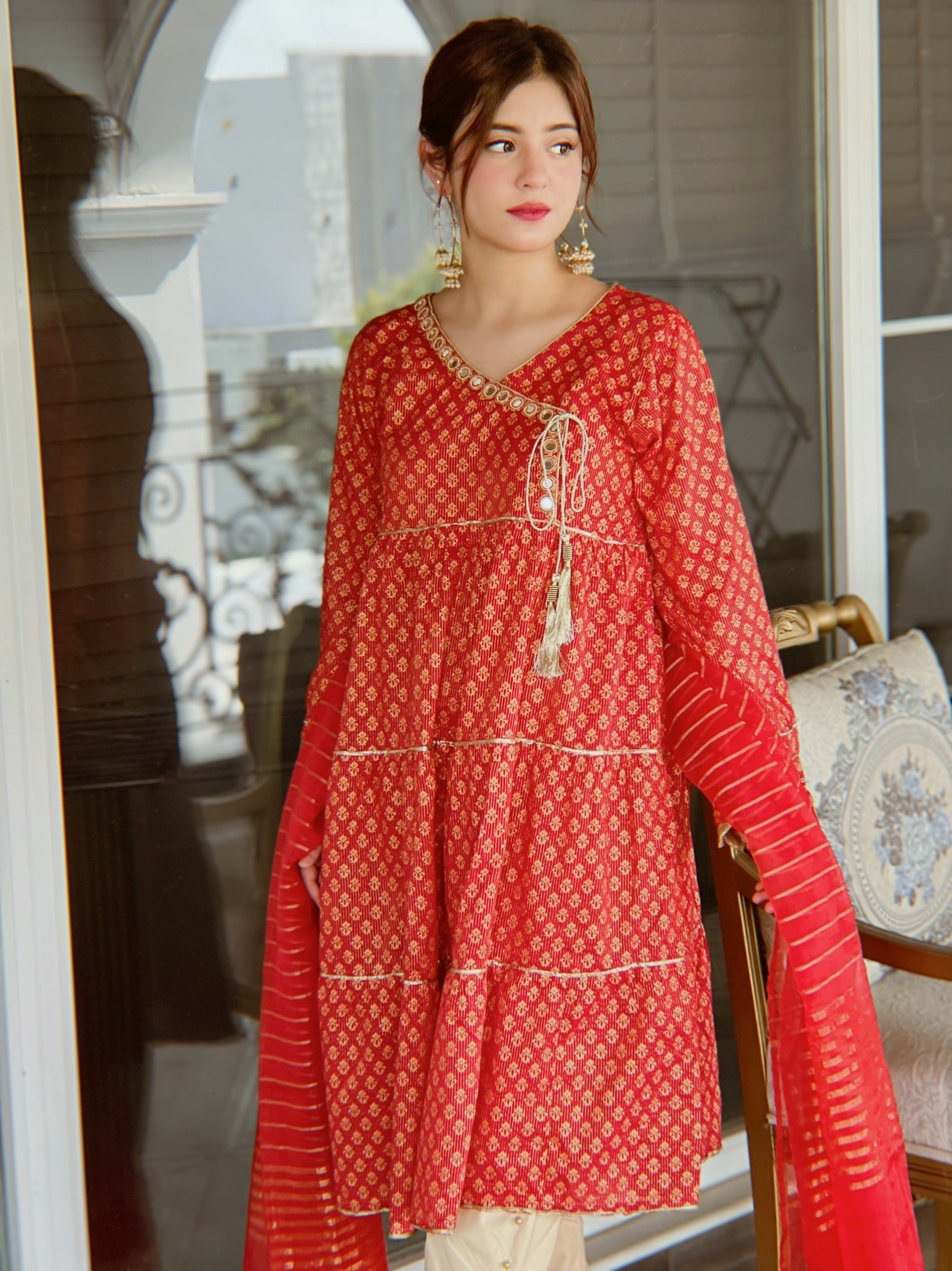 Red Angarkha Frock 3pc Dress