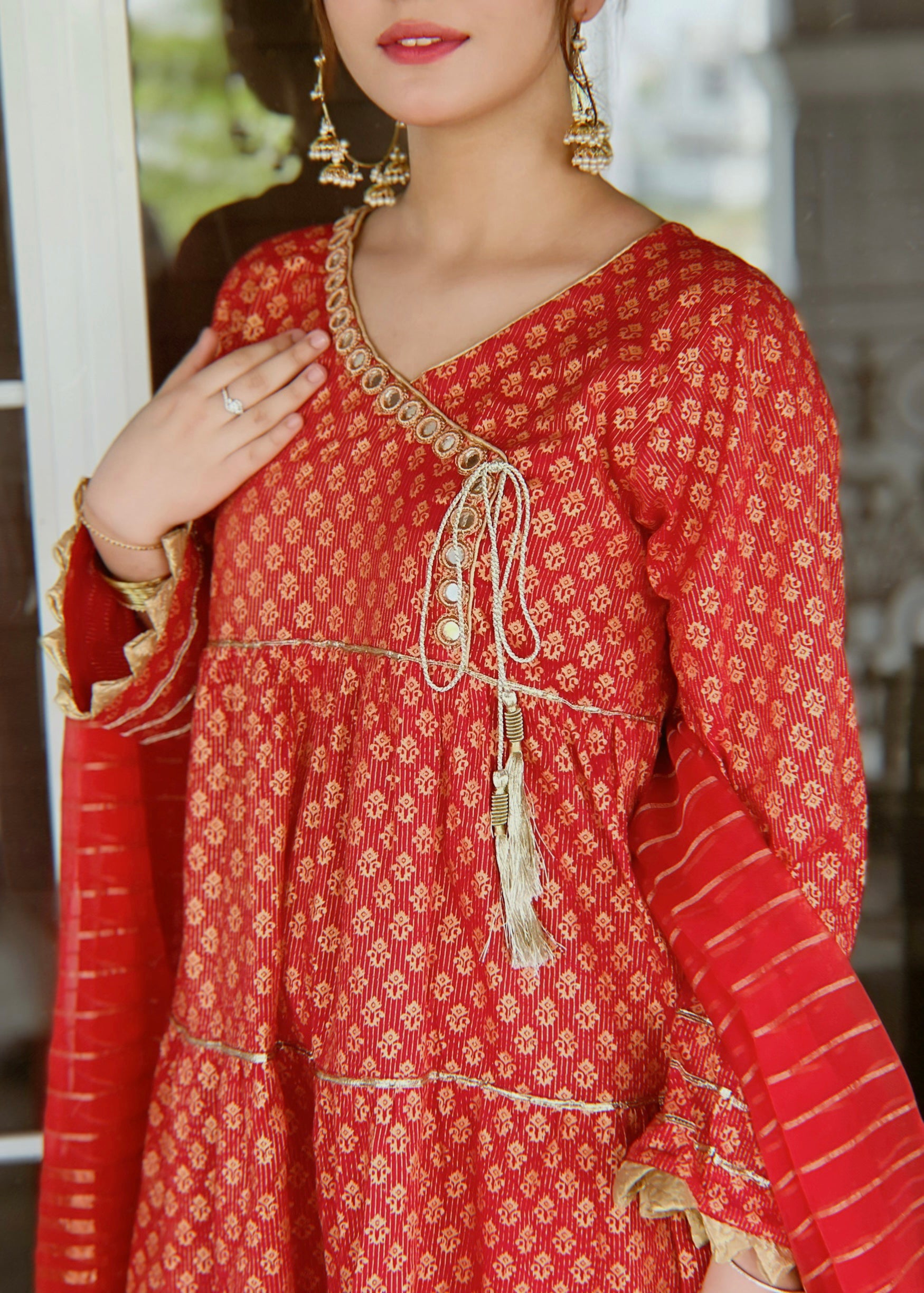 Red Angarkha Frock 3pc Dress