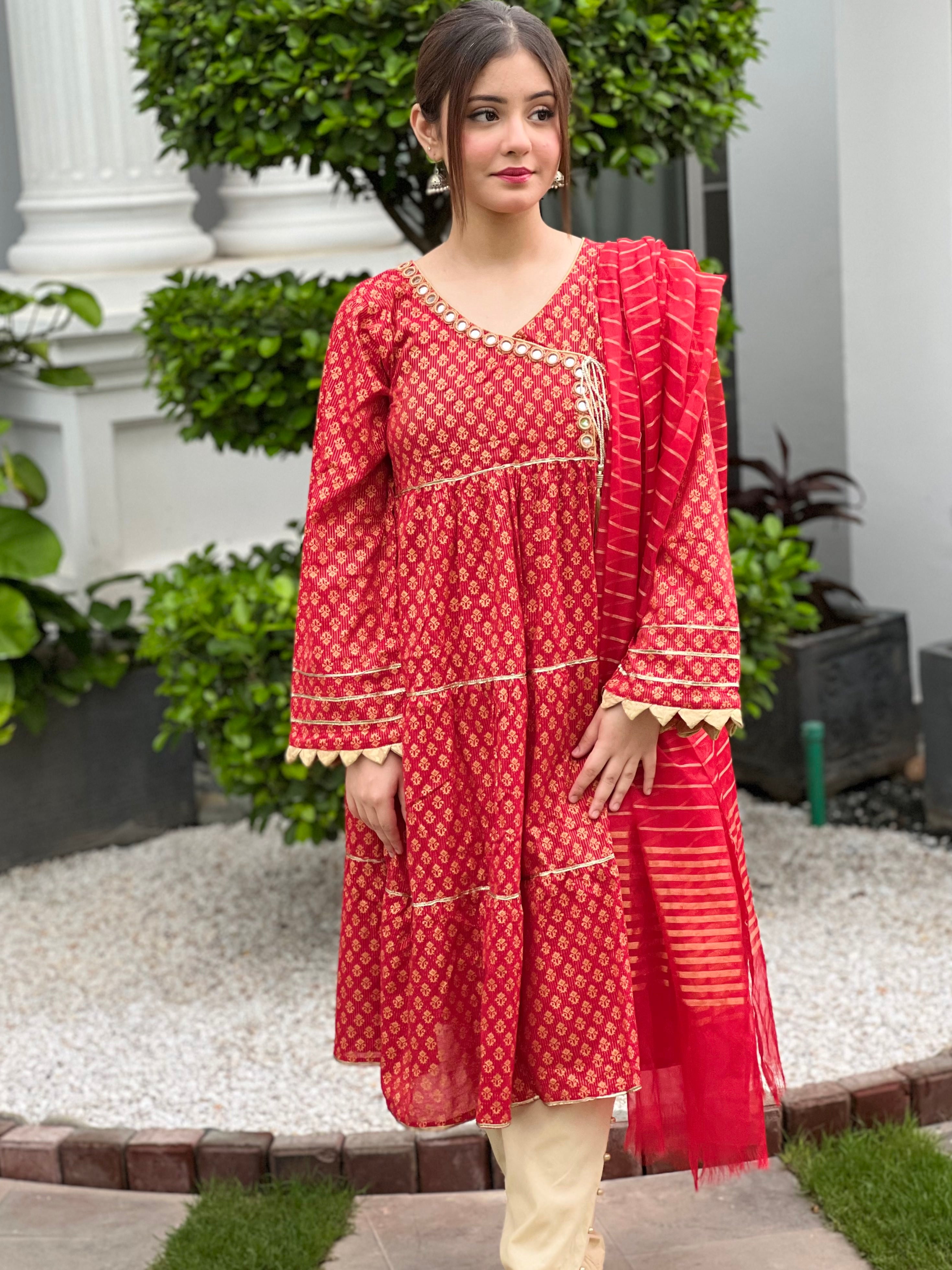 Red Angarkha Frock 3pc Dress