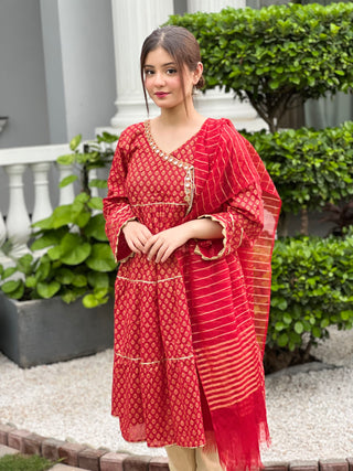 Red Angarkha Frock 3pc Dress