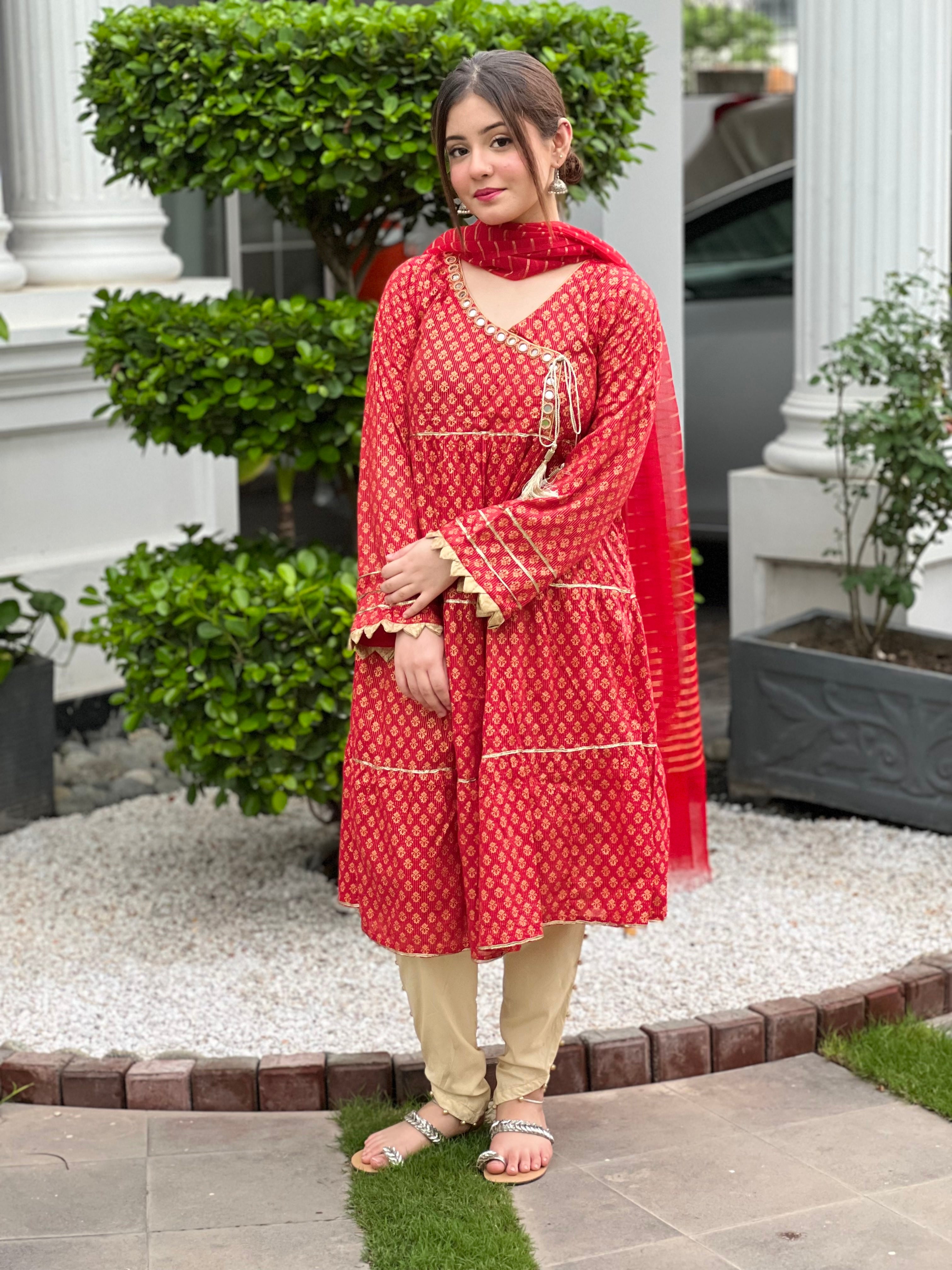 Red Angarkha Frock 3pc Dress