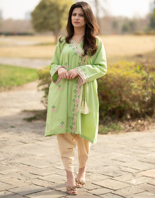 Lemon Green Angrakha Style Frock 2pc